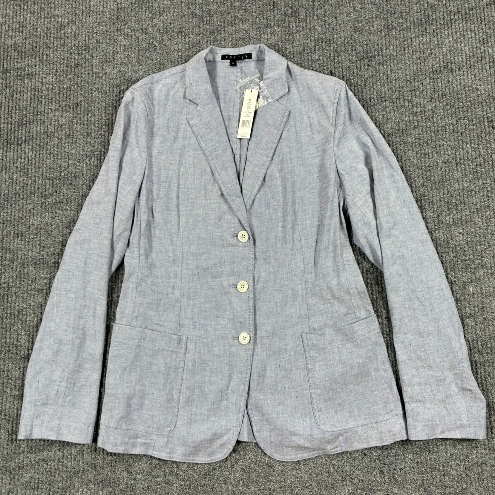 Theory Minou Womens Size 12 Blue Linen Blend Blazer Jacket 3 Button Patch Pocket